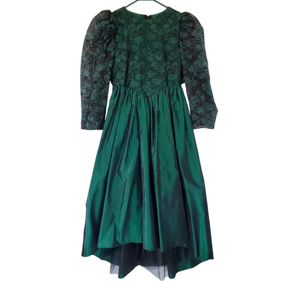 Vintage Formal Party Dress Girl's 12 Green Taffeta Tulle Hi Lo Zipper Tie Back - Picture 2 of 12